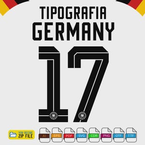 May include: A digital graphic featuring the text TIPOGRAFIA GERMANY in black block letters above a large black number 17. The number 17 includes small circular German football federation emblems at the base. File format icons are displayed below.