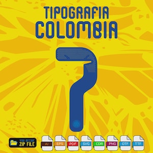 以下が含まれることがあります： 青色の「TIPOGRAFIA COLOMBIA」の文字と、青色の数字の7をあしらったデジタルグラフィックデザイン。背景は黄色のテクスチャパターンです。さまざまな形式のファイルタイプアイコンが含まれています。