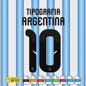 Puede incluir: Un gráfico digital que presenta el texto TIPOGRAFIA ARGENTINA sobre un número 10 grande de color negro con textura punteada y un pequeño emblema en la base. El fondo consiste en rayas verticales de color azul claro y blanco.