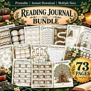 Op de afbeelding: Een leesjournaalbundel met 73 pagina's aan printbare sjablonen, waaronder A-Z leesuitdagingen, genre-trackers, maandelijkse boekenplanken en boekrecensieformulieren, voorzien van botanische illustraties en gedrukte tekst.