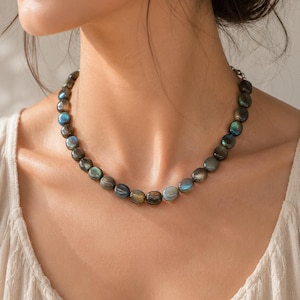 Natürliche Labradorit Halskette | Perlenkette aus Edelstein | Handgefertigte Kristallkette | Boho Statement Schmuck für Damen |  Geschenk