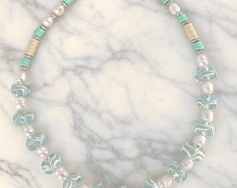 Lampwork Glass Bead Necklace with Freshwater Pearls, Polymer Beads, Agates