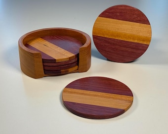 Handmade Hardwood Coasters Set of Six with Caddy