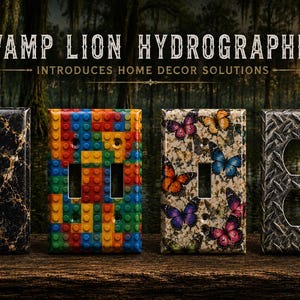 May include: Four decorative light switch and outlet covers with unique designs. The covers include a black marble pattern, colorful building blocks, butterflies on a speckled background, and a diamond plate texture. The text "SWAMP LION HYDROGRAPHICS" is at the top.