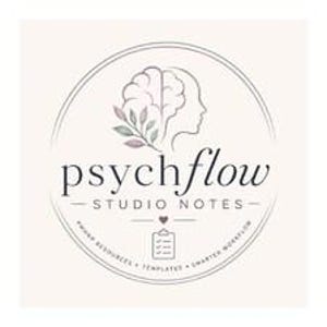 May include: A circular logo featuring a profile outline of a human head with a brain illustration and a small leafy branch. The text reads psychflow STUDIO NOTES with a small heart icon above a clipboard icon and the words RESOURCES TEMPLATES WORKFLOW.