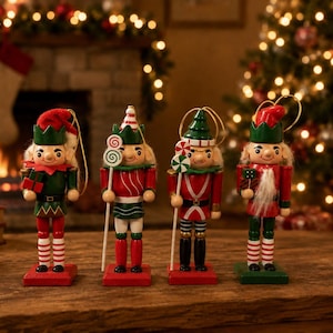 4er-Set Weihnachtsschmuck in Form von Elfen-Nussknackern aus Holz, rot-grüne Bonbon-Weihnachtsbaumdekoration, neu