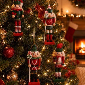 Juego de 4 adornos navideños de madera con forma de elfo cascanueces, decoración navideña para árbol de Navidad en rojo y verde, nuevos.