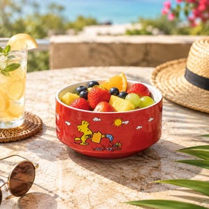 May include: A red ceramic bowl filled with fresh fruit including strawberries, blueberries, grapes, and pineapple chunks. The exterior of the bowl features a yellow cartoon bird character holding a yellow watering can, a sun, and clouds.