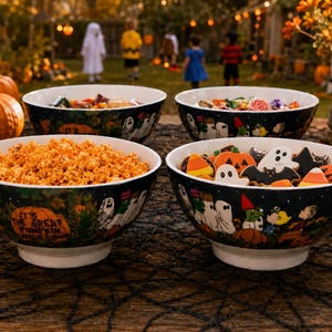 May include: Four black ceramic bowls featuring Peanuts characters in Halloween costumes, ghosts, and pumpkins. The bowls display the text It's The Great Pumpkin, Charlie Brown. They are filled with orange popcorn, assorted candies, and cookies.