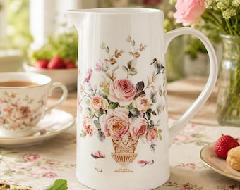 Jarra de porcelana New Grace Teaware con diseño floral de pájaros – Rosas rosas estilo cottagecore, 40 onzas.