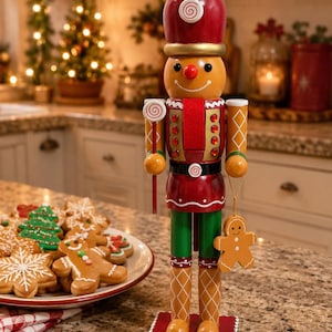 May include: A wooden nutcracker figure featuring a red hat with a white swirl, a tan face, and a red jacket with gold trim and red gems. The figure holds a lollipop and a gingerbread man ornament, standing on a red and green square base.