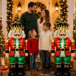 Puede incluir: Dos grandes decoraciones inflables de cascanueces con chaquetas rojas, detalles en verde y dorado, botas negras y coronas. Cada cascanueces tiene un rostro pintado con bigote y cabello blanco, situados a ambos lados de una familia.