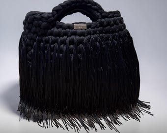 Black Fringe Crochet Handbag – Handmade Statement Purse