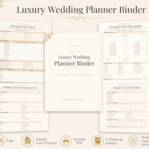 Könnte beinhalten: Ein Luxus-Hochzeitsplaner-Ordner-Set mit einem zentralen Deckblatt und vier internen Dokumentenblättern mit den Titeln Reception Run Sheet, Ceremony Floor Plan Builder, Wedding Day Emergency Kit und Thank You Card Tracker mit goldenen Akzenten.