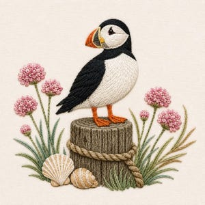 May include: An embroidery design featuring a black and white puffin with an orange beak standing on a brown wooden post wrapped in rope. The scene includes pink flower clusters on green stems and two seashells resting at the base of the post.