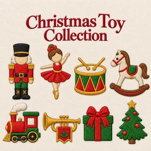 Può includere: Un set di ricami intitolato Christmas Toy Collection che include uno schiaccianoci, una ballerina, un tamburo, un cavallo a dondolo, un treno a vapore, una tromba con stendardo a foglia d'acero, un regalo verde e un albero di Natale.