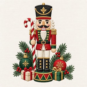 Puede incluir: Un cascanueces bordado con sombrero negro, chaqueta roja y pantalones blancos, sosteniendo un bastón de caramelo a rayas rojas y blancas. El diseño incluye ramas de pino, bayas rojas, dos adornos redondos y dos cajas de regalo en la base.