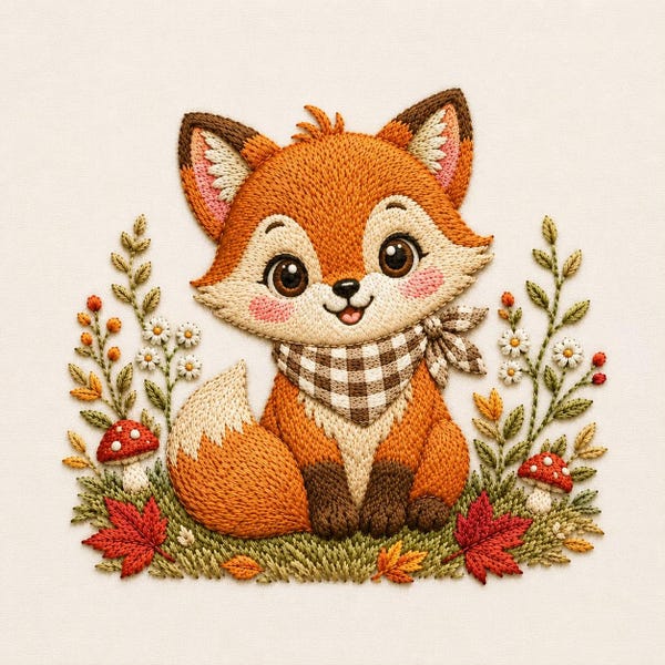 cute fox with scarf machine embroidery design, floral woodland fox digital embroidery file