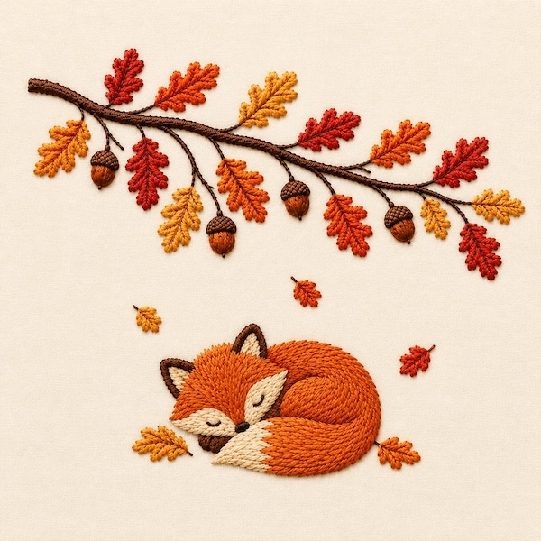 Sleeping Fox Embroidery Design, Autumn Oak Branch Acorns, Woodland Fall File (PES, DST, EXP)