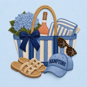 May include: A crochet art piece featuring a blue and white striped tote bag with a dark blue bow, a bouquet of blue hydrangeas, a bottle of rose wine, a striped towel, leopard print sunglasses, tan woven sandals, and a blue Hamptons baseball cap.