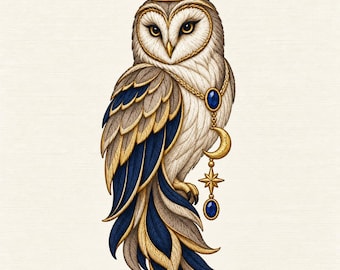 May include: A barn owl illustration featuring a gold crown with a blue gemstone, wearing a gold chain necklace with a blue gemstone, a crescent moon, and a star charm. The owl has white, tan, and deep blue feathers with gold-toned wing accents.