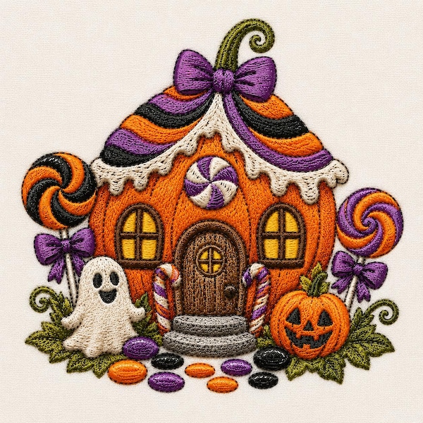 Halloween candy house machine embroidery design, cute ghost and pumpkin pattern, spooky fall decor
