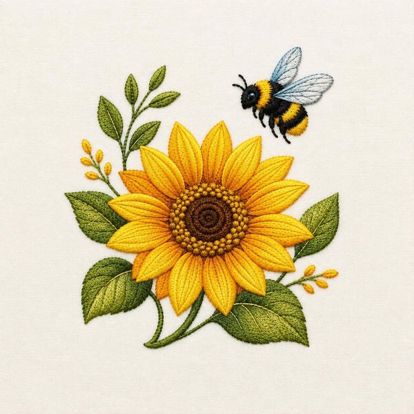 Sunflower and Bee Machine Embroidery Design, Botanical Floral Digital File