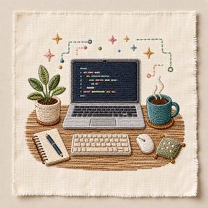 programmer desk embroidery design, coding workspace machine embroidery file, cozy tech office pattern