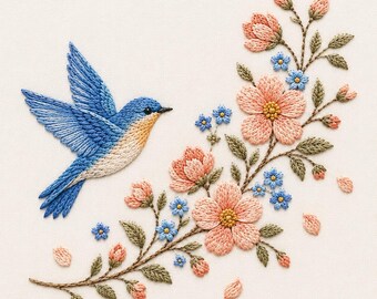 May include: An embroidery design featuring a blue bird with a cream-colored chest flying toward a branch. The branch is adorned with large peach-colored flowers with yellow centers, small blue flowers, green leaves, and scattered peach petals.
