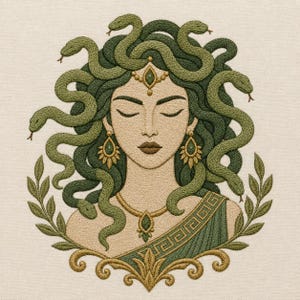 May include: An embroidery design featuring a stylised figure with closed eyes and snakes for hair in shades of olive and forest green. The figure wears a gold-toned necklace, earrings, and a forehead ornament, framed by green laurel leaves and gold scrollwork.