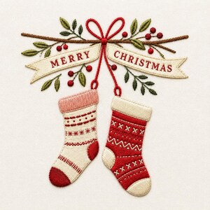May include: An embroidery design featuring two hanging stockings, one cream with red accents and one red with cream accents, suspended from a brown branch with green leaves and red berries. A cream banner with the red text MERRY CHRISTMAS is included.