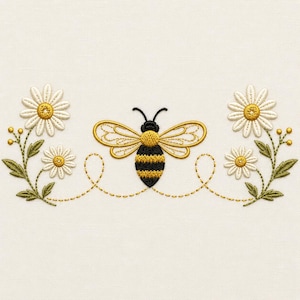 May include: An embroidery design on a cream fabric featuring a central honeybee with black and yellow stripes and gold wings. The bee is flanked by two floral arrangements of white daisies with yellow centers, green leaves, and stems.