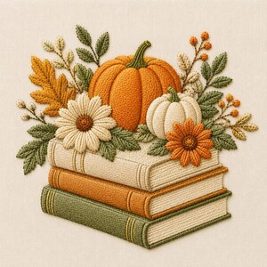 May include: An embroidery design featuring a stack of three books in cream, orange, and green. Resting on top are a large orange pumpkin, a smaller white pumpkin, two daisies in white and orange, and various green leaves and orange berries.