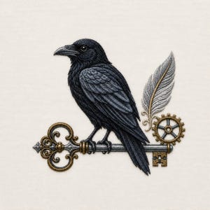 May include: An embroidered patch featuring a black raven perched on a metallic silver and gold ornate key. Beside the raven is a single grey feather and a small gold gear. The design is rendered in detailed thread work on a plain cream fabric.