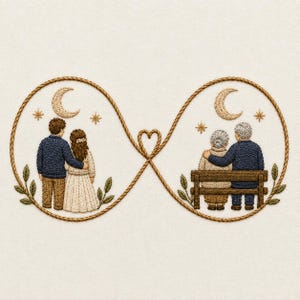 Peut inclure: Une broderie représentant un symbole de l'infini délimité par une corde. À gauche, un couple se tient debout. À droite, un couple âgé est assis sur un banc en bois. Les deux scènes incluent un croissant de lune, des étoiles et des feuilles vertes.