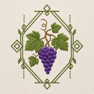 May include: An embroidery design featuring a cluster of purple grapes with green leaves and brown vines, enclosed within a geometric diamond-shaped frame made of green lines with small diamond accents and vertical dot patterns on a light fabric.