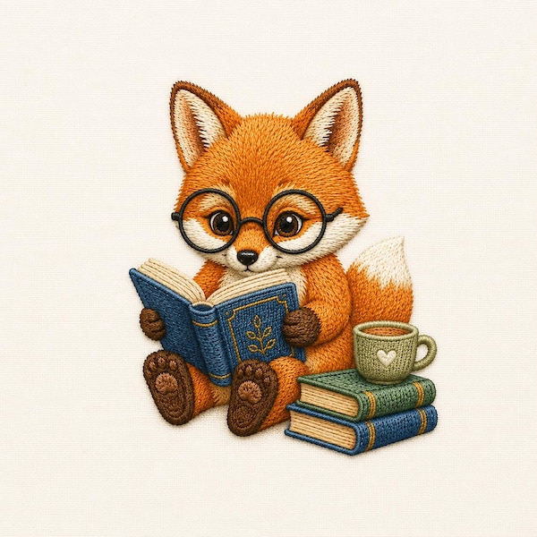 Reading Fox Embroidery Design, Cute Woodland Animal Machine Embroidery File, Book Lover Stitch Pattern Download