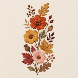 May include: An embroidery design featuring a vertical arrangement of autumn-themed elements including orange, yellow, and pink flowers, brown oak and maple leaves, small red berries, and seed pods, all stitched with detailed thread textures.