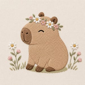 May include: An embroidery design featuring a tan capybara with dark brown paws and snout, wearing a crown of white and pink daisies. The capybara is surrounded by small green stems with white and pink flowers on both sides of the animal.