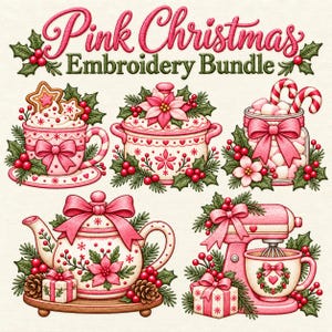 Paquete de bordado navideño rosa, diseños de bordado a máquina de tetera, taza, bastón de caramelo y batidora para las fiestas, archivos digitales navideños Coquette