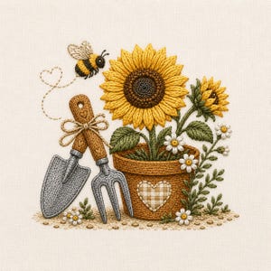 Può includere: Un ricamo raffigurante un grande girasole giallo in un vaso marrone, un girasole più piccolo, margherite bianche e un bombo. Una paletta e un rastrellino da giardinaggio con manici beige sono legati insieme con dello spago accanto al vaso.
