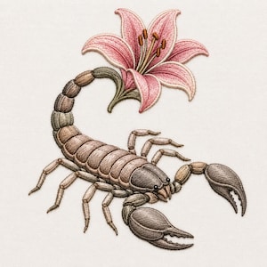Peut inclure: Un motif de broderie représentant un scorpion brun avec un corps segmenté et deux grandes pinces. La queue du scorpion se courbe vers le haut, se terminant par une grande fleur de lys rose détaillée avec des étamines brunes, le tout brodé.