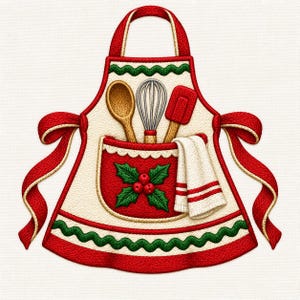 Peut inclure: Un tablier couleur crème avec des bordures rouges et des accents ondulés verts. La poche avant présente un fond rouge avec des feuilles de houx vertes et des baies rouges. Une cuillère en bois, un fouet, une spatule rouge et un torchon blanc.