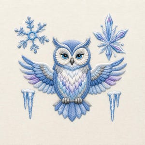 May include: An embroidered design featuring a central owl with spread wings in shades of blue, white, and purple. The owl is surrounded by a detailed snowflake, a crystalline star-shaped element, and two hanging icicles on a light fabric.