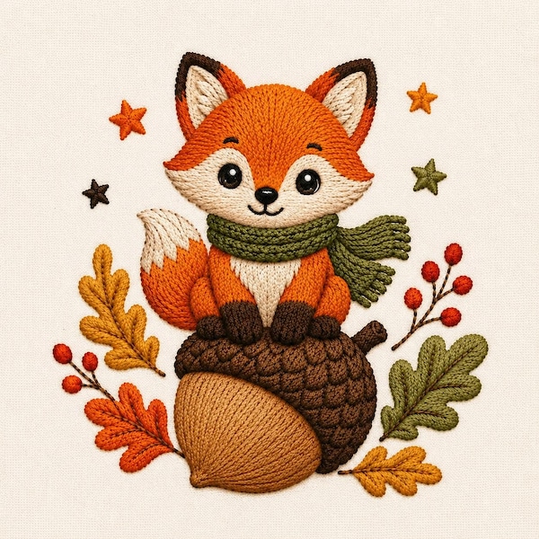 cute fox on acorn machine embroidery file, autumn woodland animal design, instant download