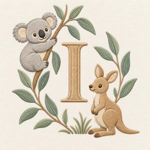 Könnte beinhalten: Ein Stickmuster mit einem zentralen beigen Buchstaben I, umgeben von einem grauen Koala, der an einem braunen Ast hängt, und einem hellbraunen Känguru, das auf dem Boden steht, eingerahmt von grünen Blättern und kleinen grünen Grasbüscheln.