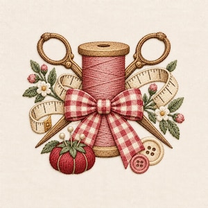 Diseño de bordado para costura, hilo, tijeras, cinta métrica, archivo para bordado a máquina, patrón de puntada floral para acolchado.