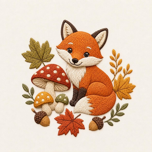 Autumn Fox Embroidery Design, Woodland Animal Machine Embroidery File, Fall Leaves Stitch Pattern Download