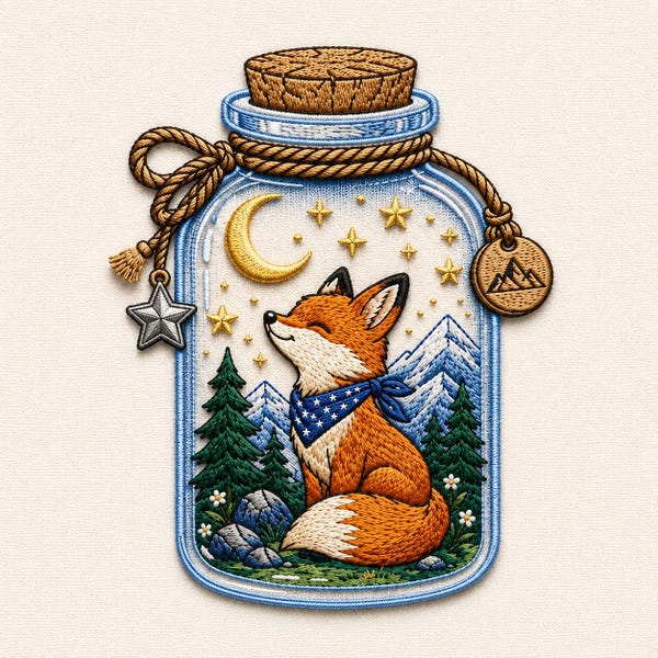 fox in mason jar machine embroidery file, woodland moon and mountain design, instant download