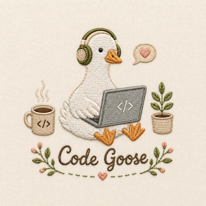 May include: An embroidery design featuring a white goose wearing olive green headphones, typing on a gray laptop with code brackets on the screen. Beside it are a coffee mug with code brackets, a potted plant, a heart speech bubble, and the text Code Goose.